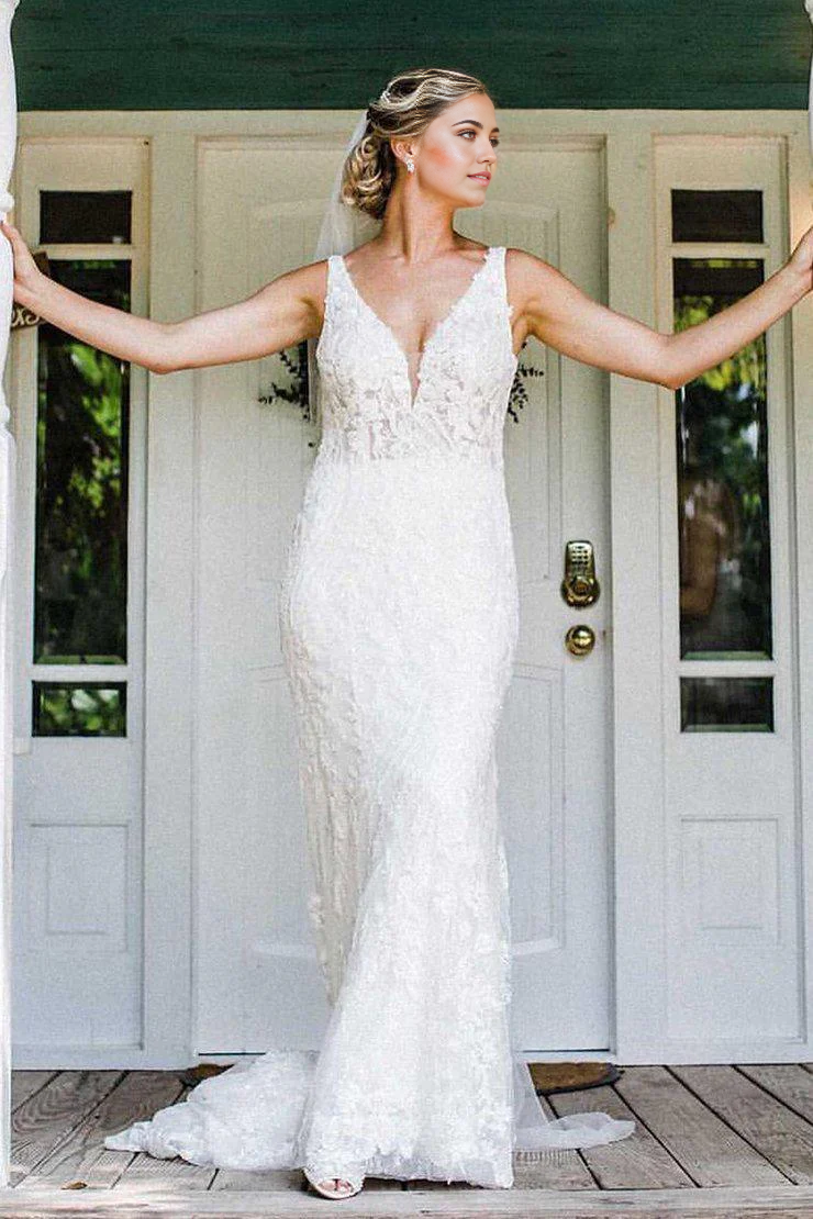 Vestidos de novia de sirena sexy con escote en V, sin mangas y sin espalda